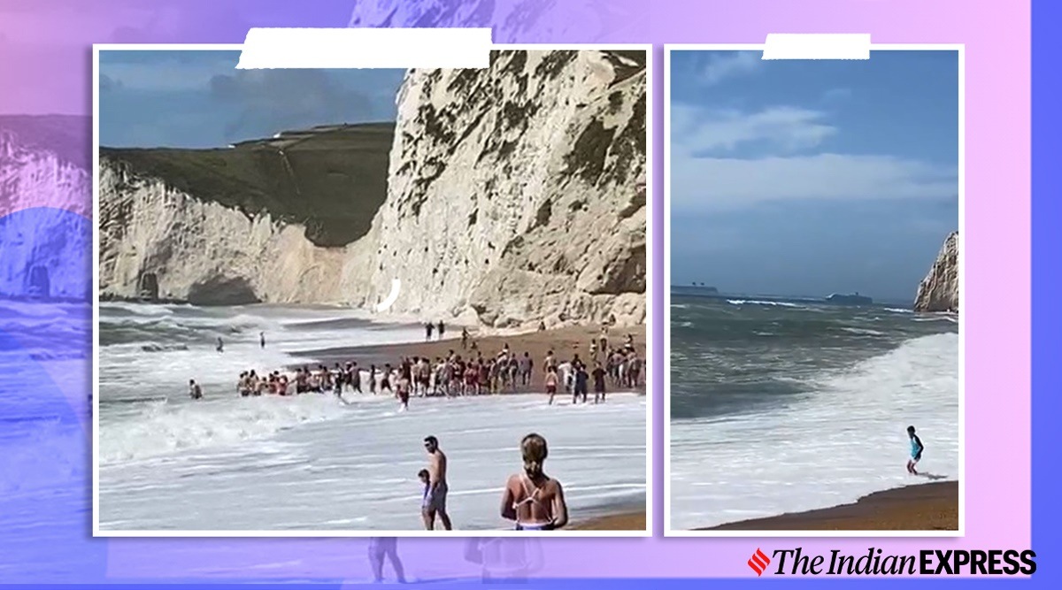 England, Durdle Door, man stranded at sea, human chain, Dorset, sea rescue, viral video, rescue videos, Trending news, Indian Express news.