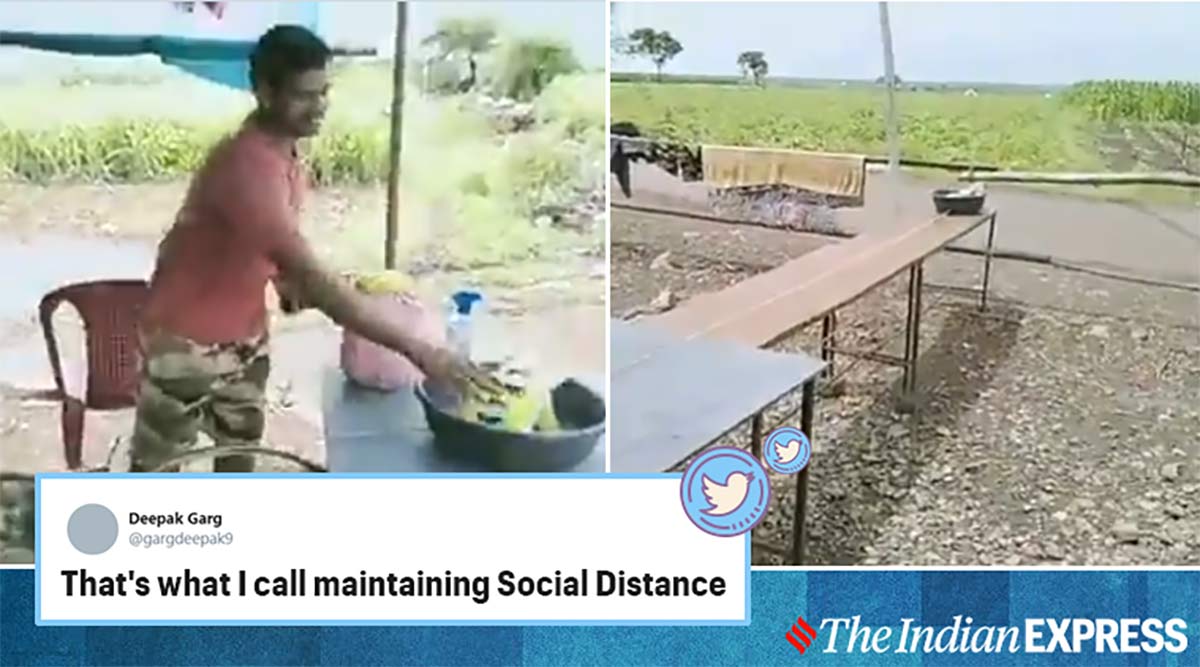 covid-19, coronavirus, indian jugaad, village boy social distancing jugaad viral video, indian express, indian express news