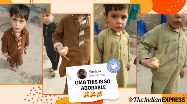 little boys caught stealing chickens, boys put chicks in kurta pocket, cute kids videos, kids caught stealing chicks, viral videos, indian express