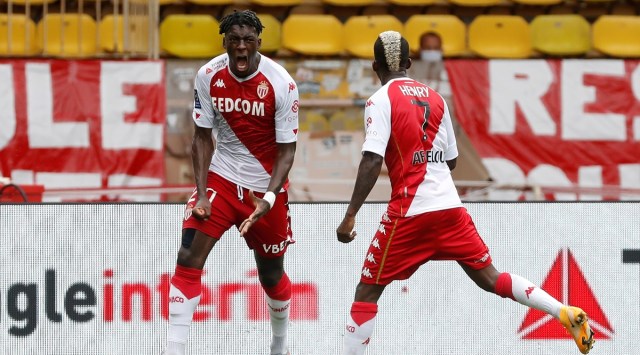 AS Monaco's Axel Disasi celebrates scoring their first goal with Henry Onyekuru. (Source: Reuters)