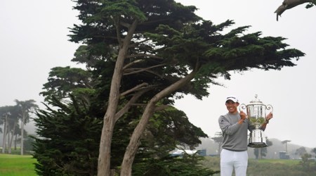 Aug 9, 2020; San Francisco, California, USA; Collin Morikawa poses with the Wanamaker Trophy after winning the 2020 PGA Championship golf tournament at TPC Harding Park. Mandatory Credit: Kyle Terada-USA TODAY Sports