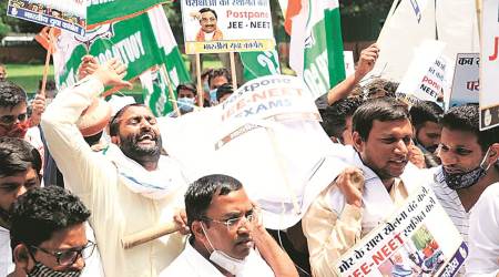 Youth Congress members protest against timing of JEE and NEET at the Education Ministry in New Delhi. (Express photo by Amit Mehra)