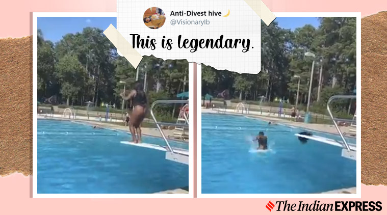 Woman s wig falls off as she somersaults into pool video leaves