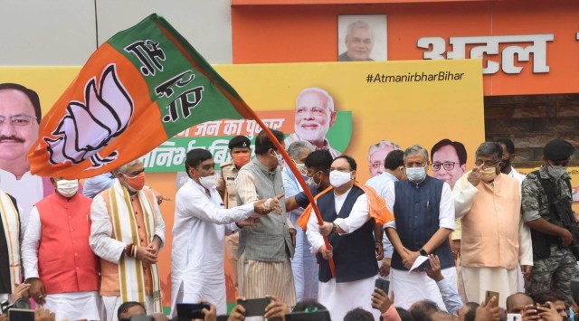 Bharatiya Janata Party president JP Nadda flags off the 'Aatmanirbhar Bihar' campaign vans ahead Assembly polls, in Patna, Saturday, Sept 12, 2020. (PTI Photo)