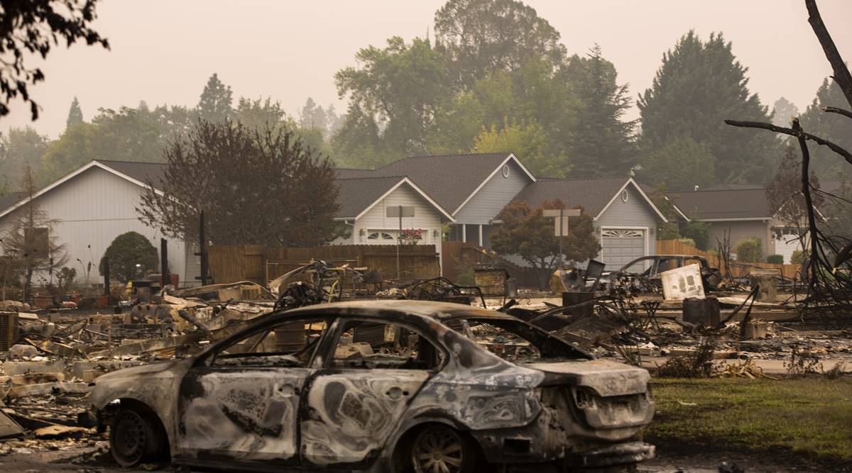 Wildfire damage in a housing development, Arbor Wood Park Estates, in Phoenix, Oregon, Sept. 14, 2020. (The New York Times)