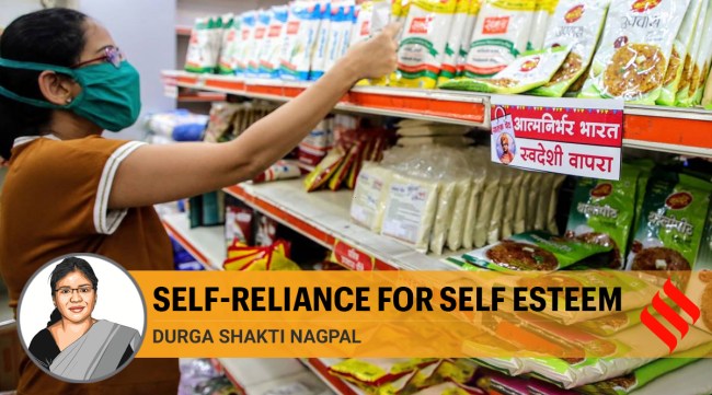 Buyers shop for consumer goods tagged as "Swadeshi" (made in India) and Videshi (foreign-made) printed in the Marathi language at a store in Pune. (Express photo by Ashish Kale)