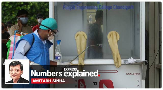 Disinfecting of COVID-19 testing kiosk at Civil hospital in Panchkula (Express photo by Jaipal Singh)