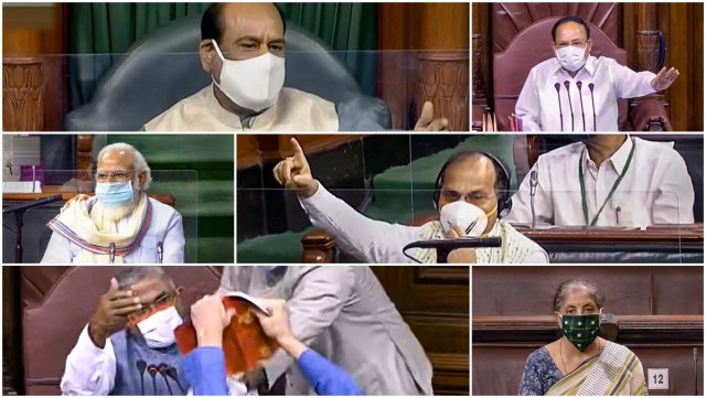 Clockwise from top left: Lok Sabha Speaker Om Birla, Rajya Sabha chairman Venkaiah Naidu, Leader of Congress in Lok Sabha Adhir Ranjan Chowdhury, Finance Minister Nirmala Sitharaman, Rajya Sabha deputy chairman Harivansh, Prime Minister Narendra Modi. (Source: PTI/Lok Sabha)