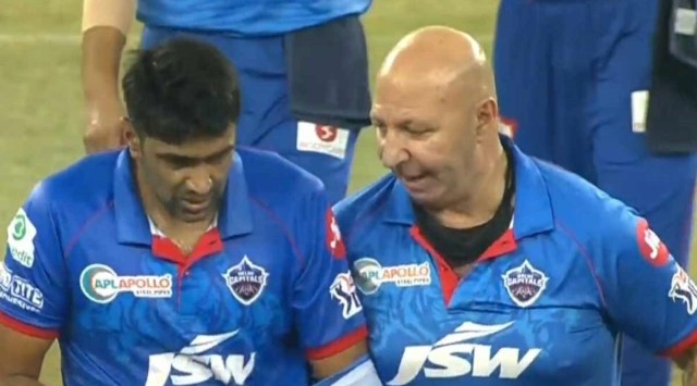 R Ashwin's immediate future with the Delhi Capitals was put in doubt after he left the field with a shoulder injury (Source: Twitter)