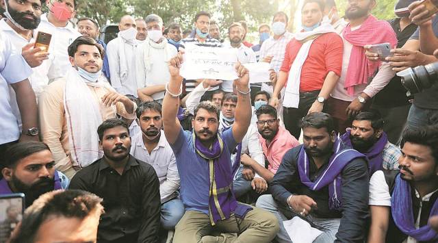 Bhim Army chief Chandrashekhar Azad protests outside Safdarjung Hospital in New Delhi. (Express photo by Tashi Tobgyal)