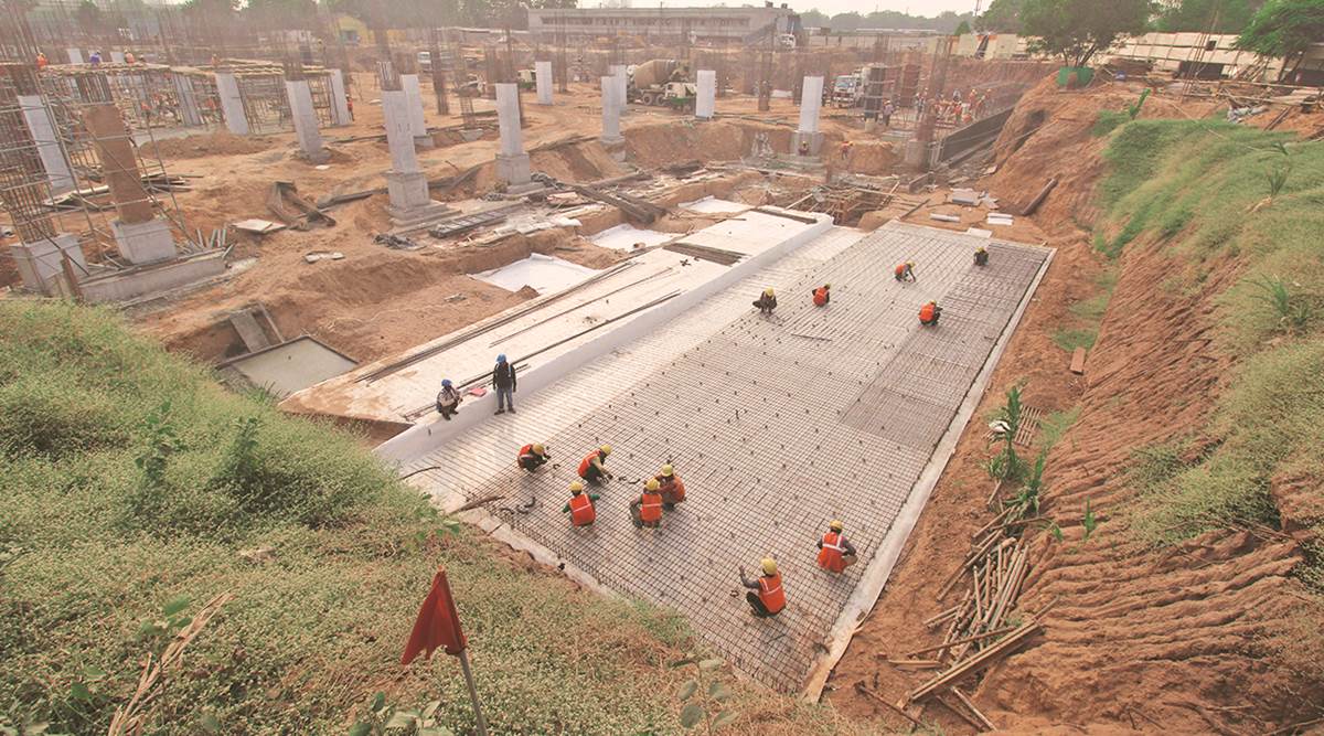 Workers at the Sabarmati hub of the Mumbai-Ahmedabad bullet train project, in Ahmedabad. (Express/file photo)