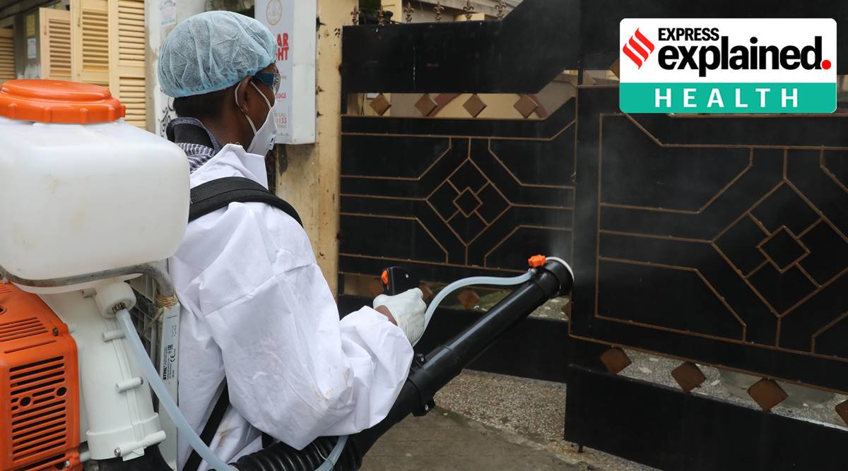 Municipal worker spray disinfectant at a house in Kankurgachi, Kolkata (Express photo by Partha Paul)