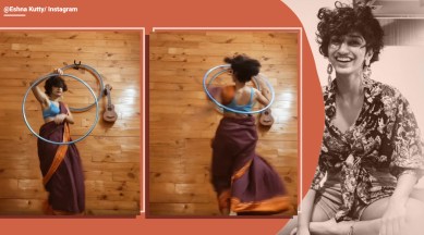 Hula hoop dancing, hula hoop dancing in saree, saree flow trend, Eshna Kutty, Genda Phool hoop dancing, Delhi, Viral video, trending news, Indian Express news