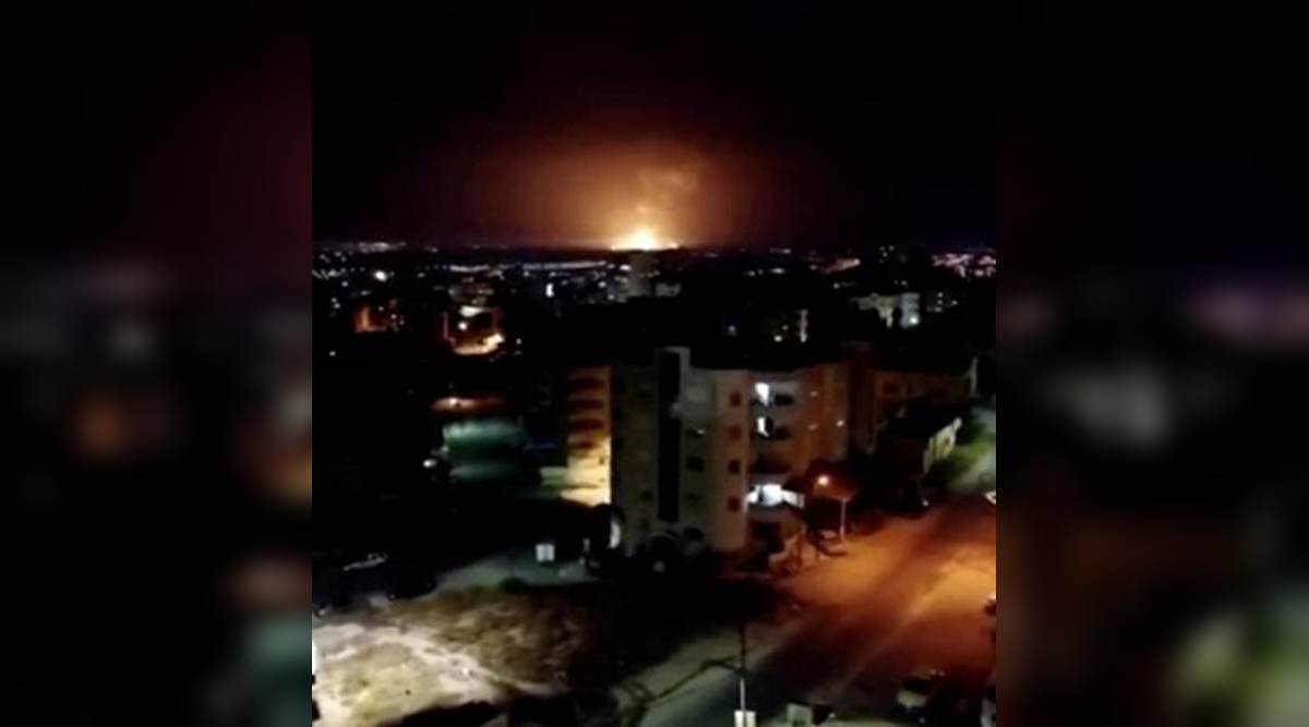 A view of a large explosion in the city of Zarqa, Jordan, September 11, 2020 is shown in this still image taken from a video obtained from social media. (NABD Al ZARQA /via REUTERS)