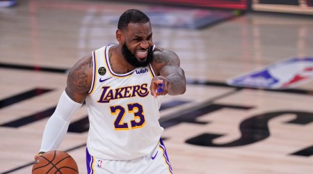 Los Angeles Lakers' LeBron James (23) directs the offense during the second half of an NBA conference semifinal playoff basketball game against the Houston Rockets Saturday, Sept. 12, 2020, in Lake Buena Vista, Fla. (AP Photo/Mark J. Terrill)
