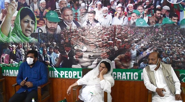 Handful of PDP leaders turned up for the party meeting as the authorities did not allow majority of the party leaders to attend the meeting in Srinagar (Express photo by Shuaib Masoodi)