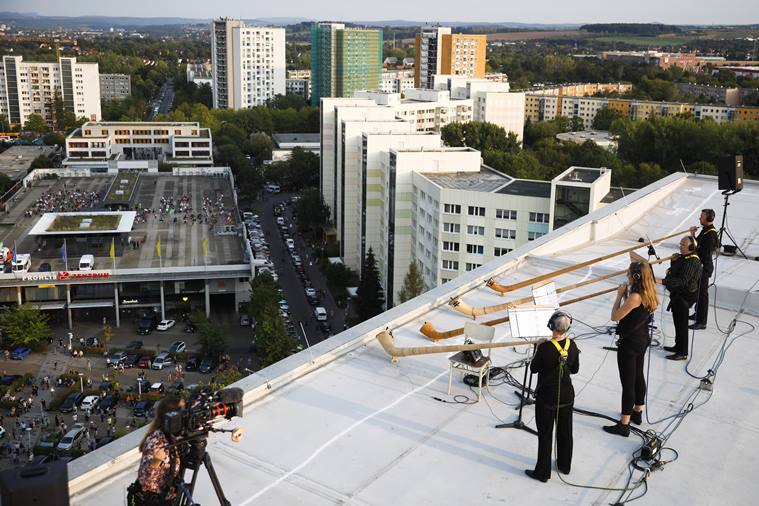 Musicians Germany perform concert apartment roofs, Dresden, music concert, alphorns, Dresdner Sinfoniker orchestras,