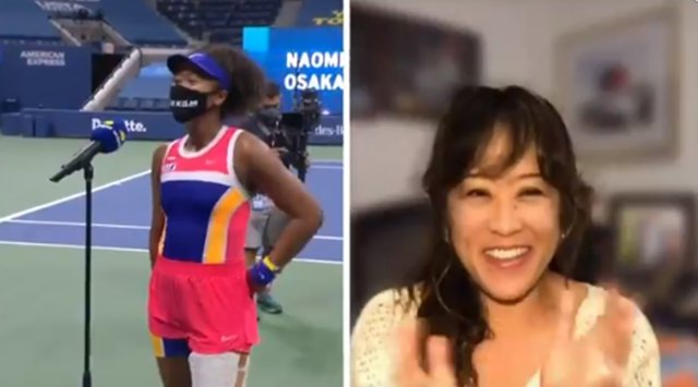 Naomi Osaka received plenty of encouragement and advice from her mother Tamaki after her second round victory at the US Open. (Screengrab/USOpen) 