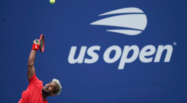 Sumit Nagal serves to Dominic Thiem during the second round of the US Open in New York. (AP Photo) 