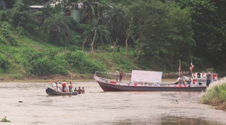 The vessel was delayed by several hours after getting stuck and had to be manually tugged to the jetty. (Express photo by Abhisek Saha)