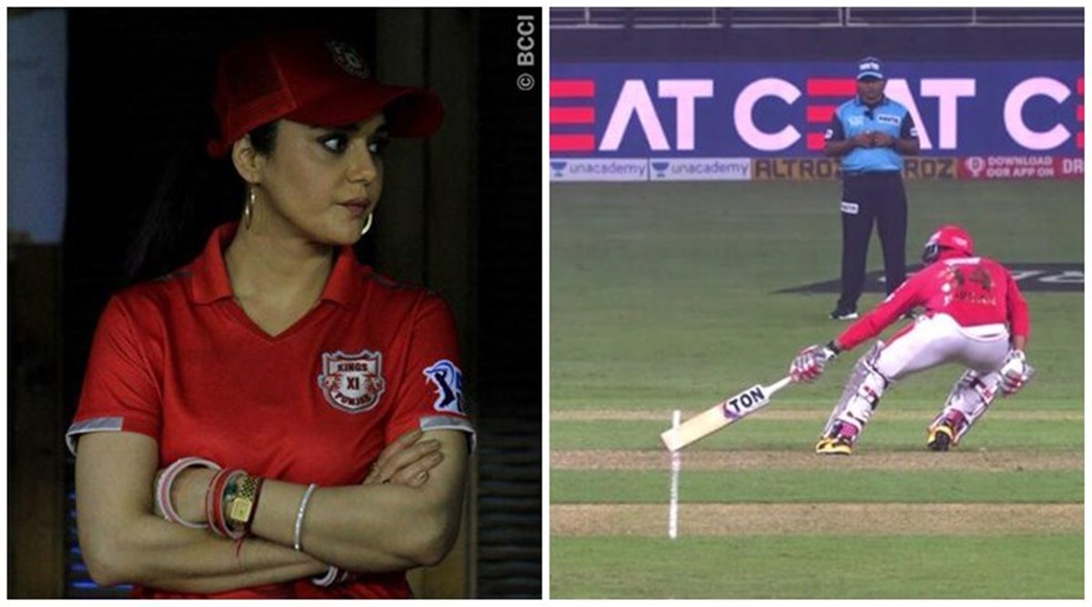 Kings XI Punjab co-owner Preity Zinta reacts to Chris Jordan's short run call. 