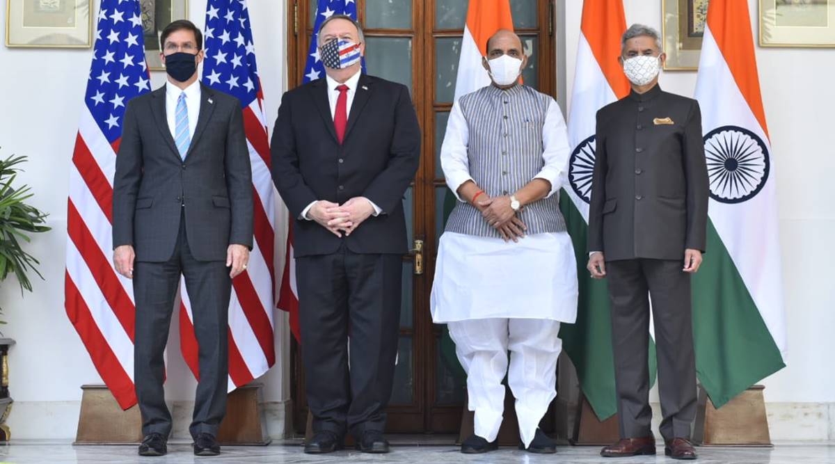 India US 2+2 dialogue, Mike Pompeo India, S Jaishankar, Rajnath Singh, India-US ties, Basic Exchange and Cooperation Agreement, Indo-US BECA, India news, Indian express
