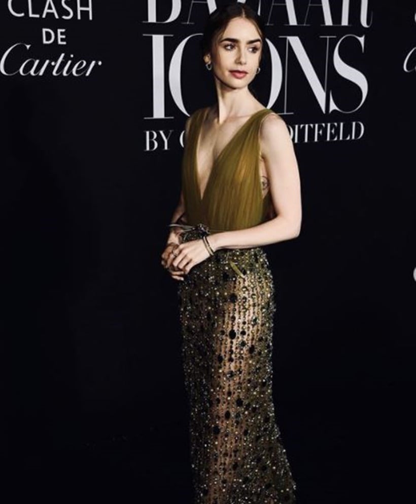 lily collins gold dress
