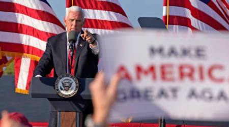 Vice President Mike Pence delivers remarks at a campaign rally at Allegheny County Airport in West Mifflin, Pa, Friday, Oct. 23, 2020. (AP Photo/Gene J. Puskar)