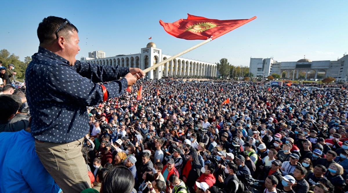 People protest during a rally against the results of a parliamentary vote in Bishkek, Kyrgyzstan, Monday, Oct. 5, 2020. (AP)
