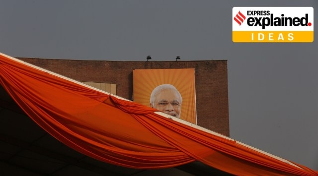 A poster of Prime Minister Narendra Modi in Noida, in 2017. (Express Photo: Tashi Tobgyal)