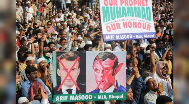 Activists demonstrate against French President Emmanuel Macron over his controversial remarks on Islam, at Iqbal Maidan in Bhopal, Thursday, Oct. 29, 2020. (PTI Photo)