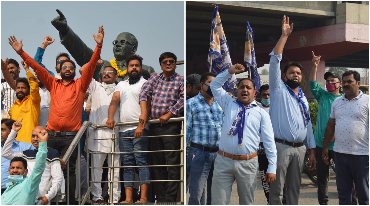 The incident took place after BSP leaders reached the spot to oppose BJP’s move to garland the statue. (Express photo: Gurmeet Singh)