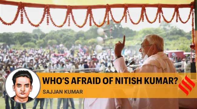Bihar Chief Minister Nitish Kumar addresses a gathering during an election meeting, in Muzaffarpur district (PTI)