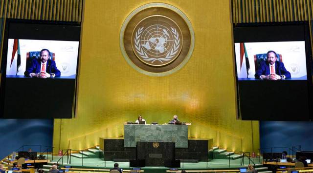 In this photo provided by the United Nations, Abdalla Adam Hamdok, prime minister of Sudan, speaks in a pre-recorded message which was played during the 75th session of the United Nations General Assembly, Saturday, Sept. 26, 2020, at U.N. headquarters. (Rick Bajornas/UN Photo via AP)