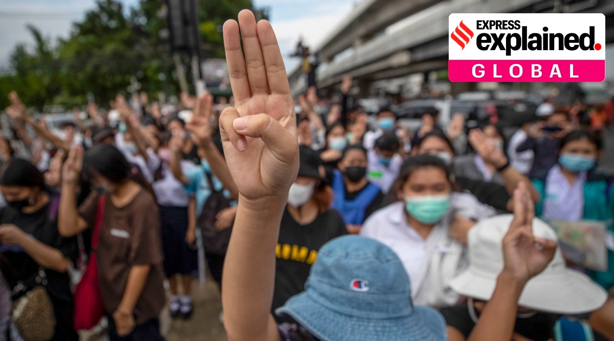 Thailand, Thailand protests, thai protesters hand signals, thailand protests three finger salute, indian express