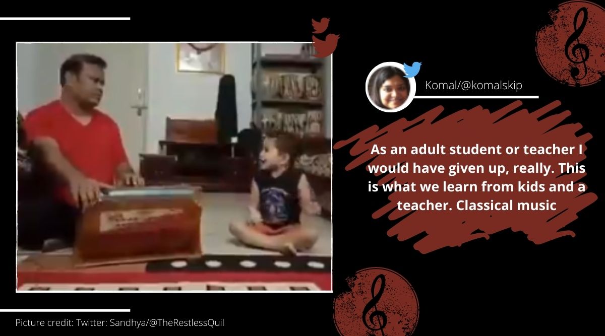 Toddler singing classical music, Toddler natya sangeet, toddler with man home concert, boy singing classical music, Trending news, Viral video, Indian Express news.