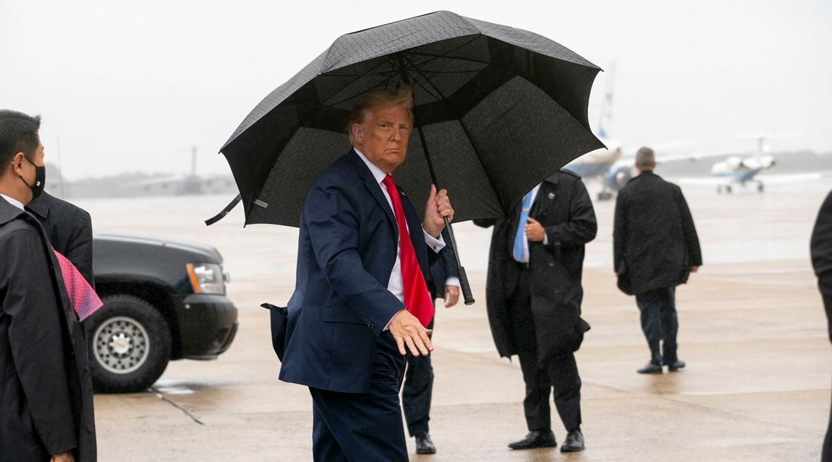 President Donald Trump, without a face mask, walks to Air Force One at Joint Base Andrews in Maryland, Monday, Oct., 12, 2020, en route to a campaign rally in Florida. (Doug Mills/The New York Times)