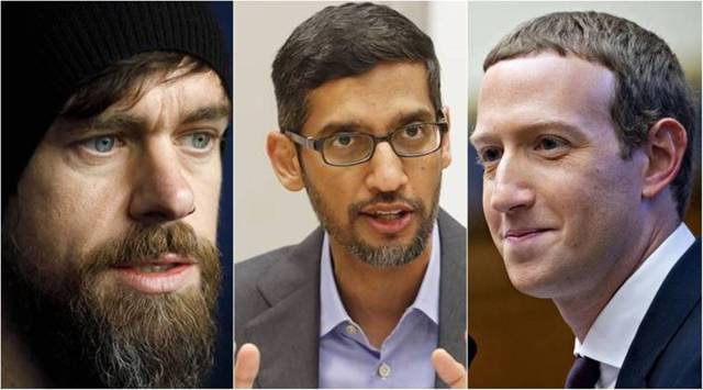 Twitter's Jack Dorsey, Google’s Sundar Pichai and Facebook’s Mark Zuckerberg. (Source: Bloomberg, AP)