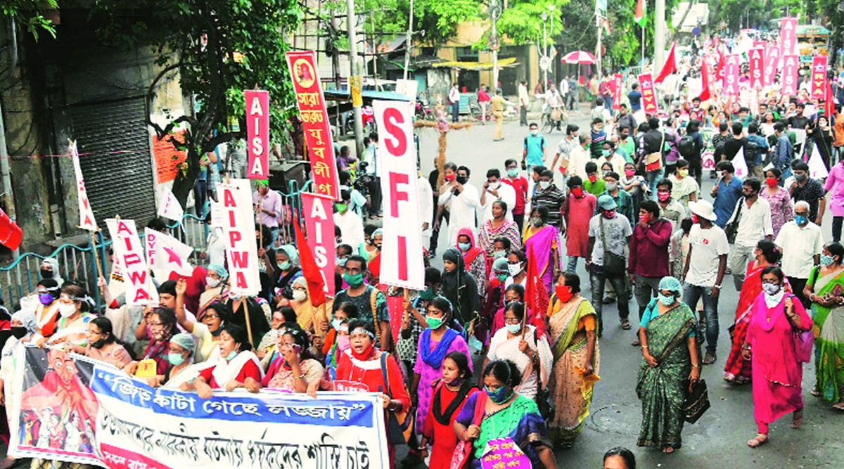 hathras gang rape, hathras dalit woman rape hathras rape protest, congress protest in kolkata against hathras gang rape, left protest in kolkata against hathras gang rape, indian express news
