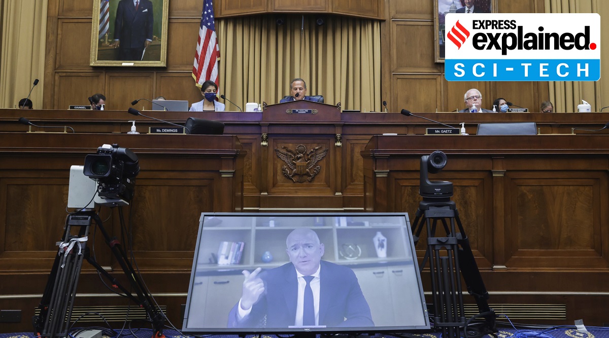 Amazon CEO Jeff Bezos speaks via videoconference during a hearing of the House of Representatives committee in July. (AP Photo/ File)