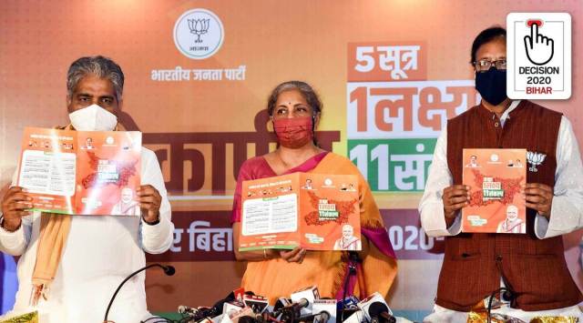 Union Finance Minister Nirmala Sitharaman along with BJP General Secretary Bhupendra Yadav and state party President Sanjay Jaiswal releases party manifesto ahead of the Bihar Assembly Elections, in Patna, on Oct. 22, 2020. (PTI)