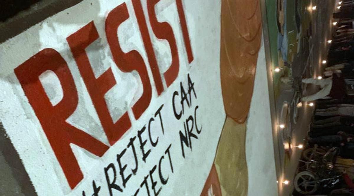 Graffiti painted on the road where the protest was underway in Shaheen Bagh, New Delhi. File/Express Photo