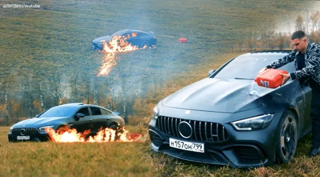 Russian youtuber burns down mercedes, Mikhail Litvin, Russia, viral video, Mikhail Litvin burns YouTuber, trending, indian express, indian express news