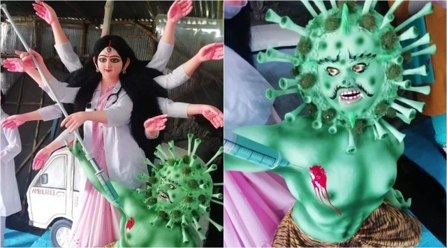 durga puja, durga pujo, durga idol coronasur, doctor durga with coronavirus asur, viral durga idols, Coronavirus theme durga pooja idols, durga puja 2020, viral news, covid warriors, covid 19 frontline workers, Trending news, indian express