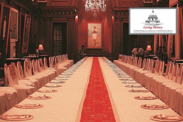 A Gandhi portrait in a banquet hall of the Rashtrapati Bhavan. 