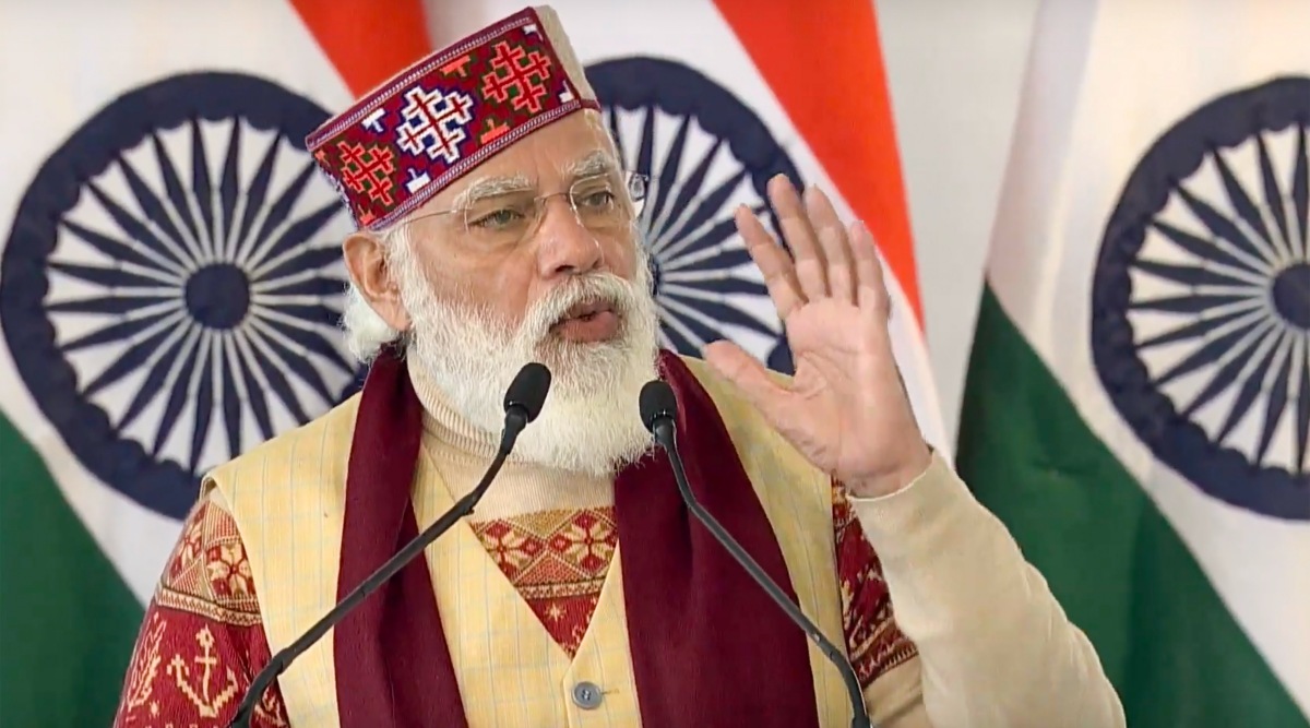 Prime Minister Narendra Modi addresses during the inauguration of Atal tunnel, world's longest highway tunnel, in Manali, Saturday, Oct. 3, 2020. (DD/PTI Photo)
