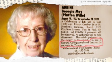 93-year-old woman obituary, Do not vote for rump obituary, woman dont vote for trump obituary, US election 2020, trending news, Indian Express news