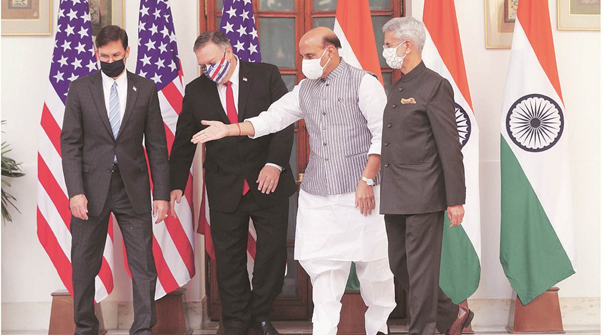 Defence Minister Rajnath Singh, Foreign Minister S Jaishankar (R), U.S. Secretary of State Mike Pompeo (2L) and Secretary of Defence Mark Esper (L) during a press statement at New Delhi (File/PTI)