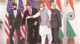 rajnath singh Defence Minister Rajnath Singh, Foreign Minister S Jaishankar (R), U.S. Secretary of State Mike Pompeo (2L) and Secretary of Defence Mark Esper (L) during a press statement at New Delhi (File/PTI)