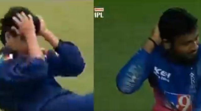 A screengrab of Sachin Tendulkar and Sanju Samson reacting after completing the catch. 